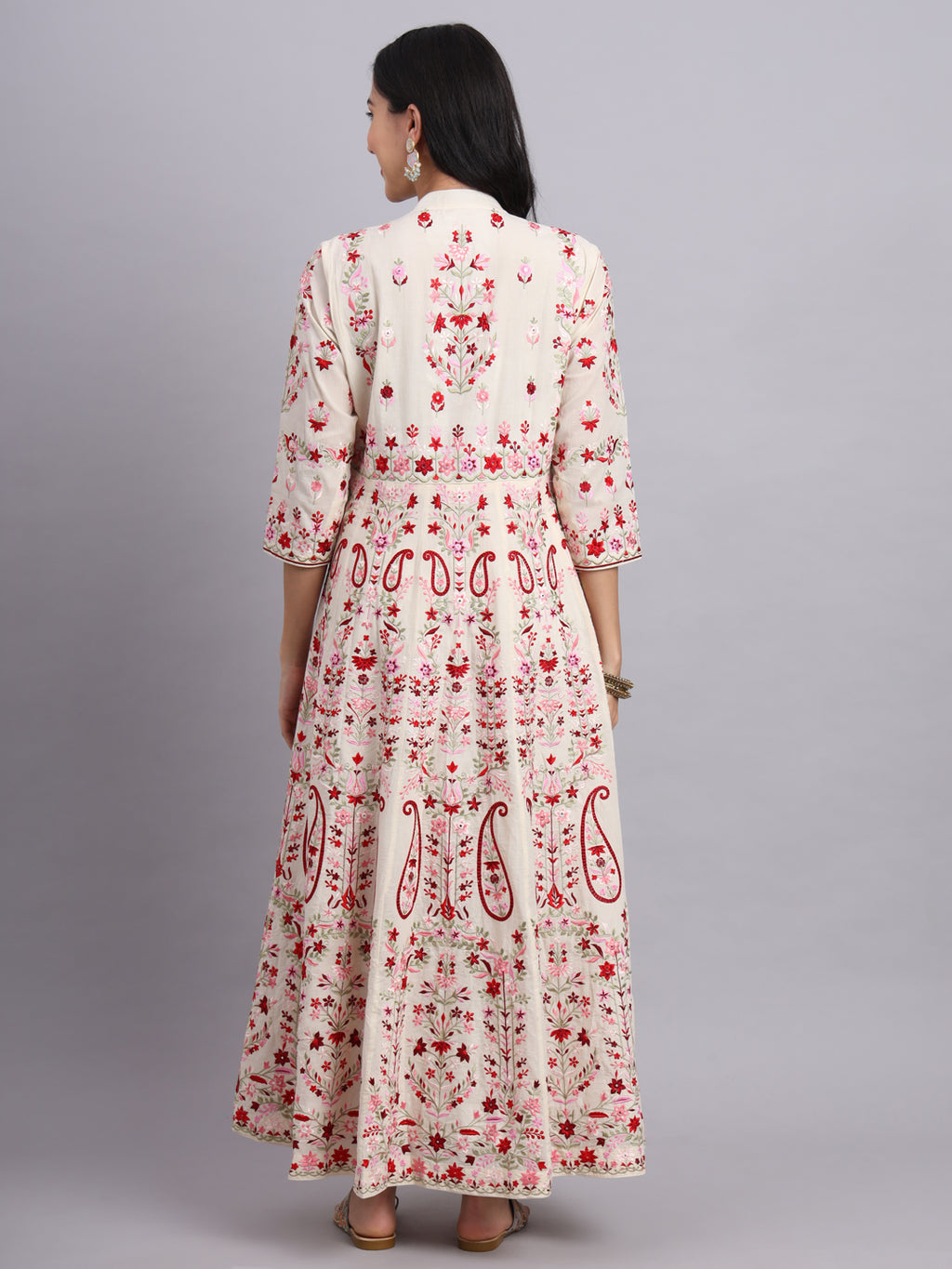 Crimson Kashmiri Embroidered Anarkali – Red & White Festive Wear