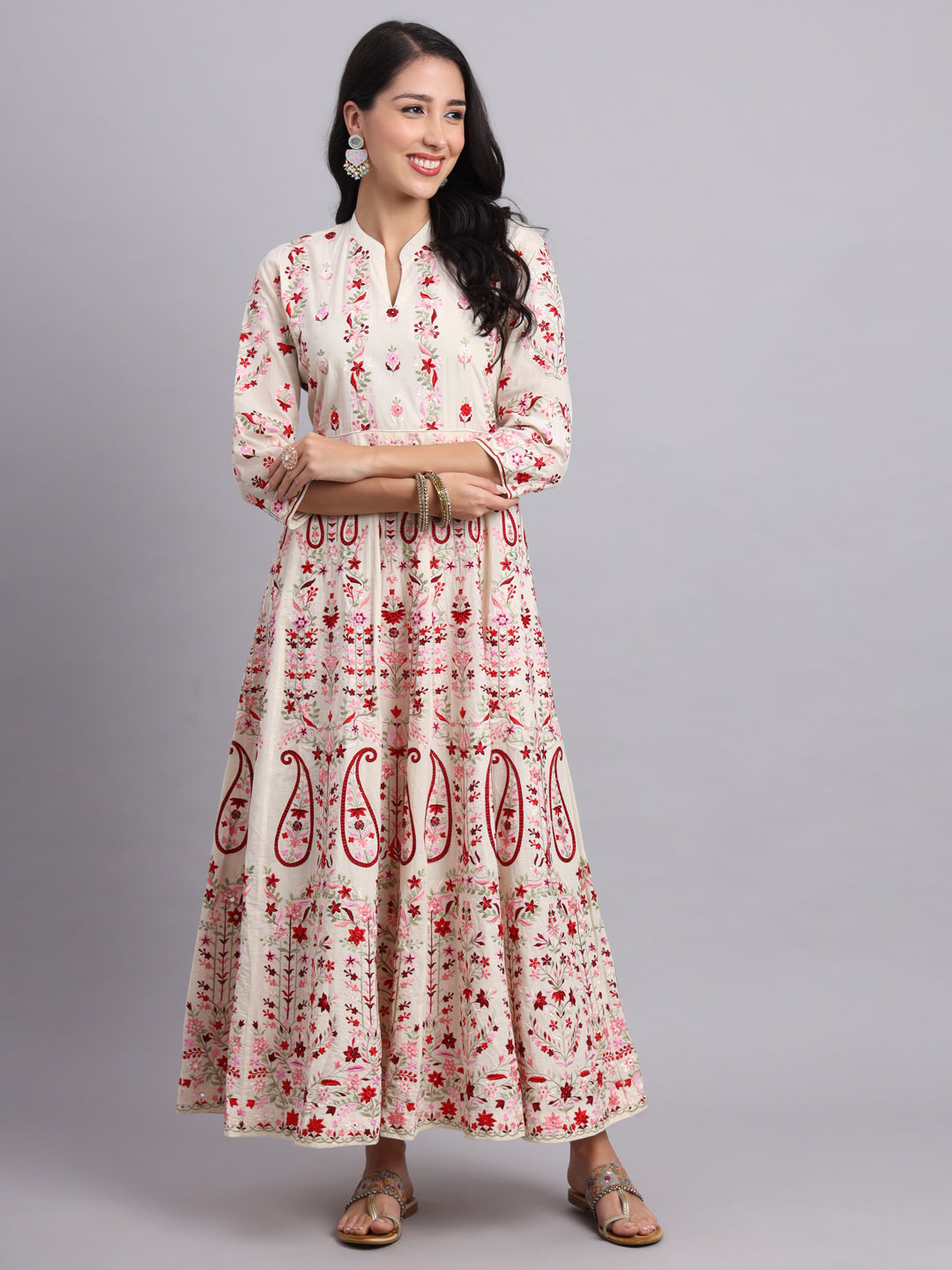 Crimson Kashmiri Embroidered Anarkali – Red & White Festive Wear