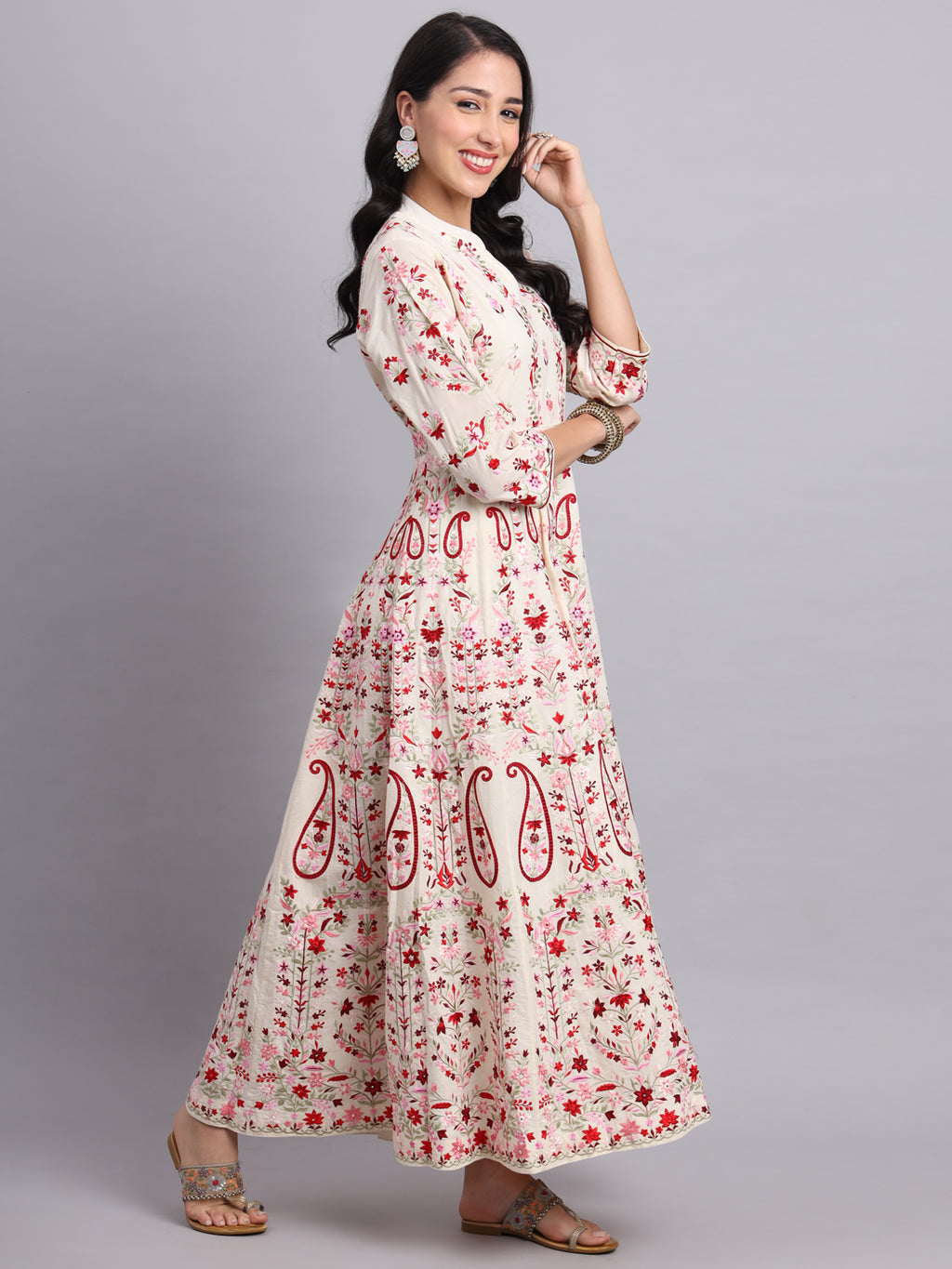 Crimson Kashmiri Embroidered Anarkali – Red & White Festive Wear