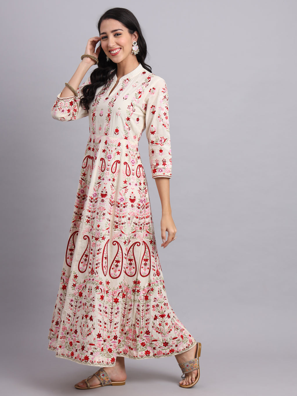 Crimson Kashmiri Embroidered Anarkali – Red & White Festive Wear