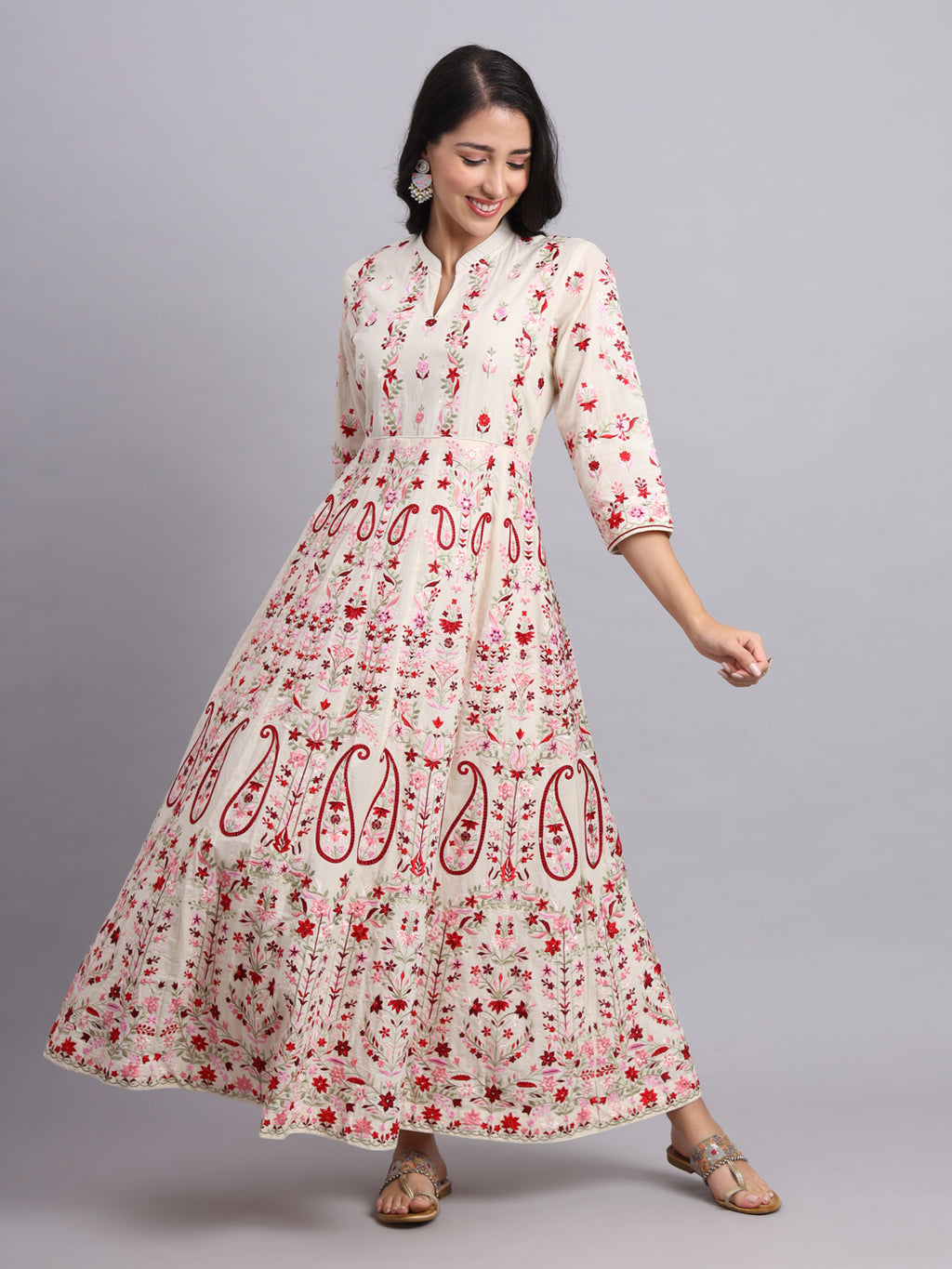 Crimson Kashmiri Embroidered Anarkali – Red & White Festive Wear