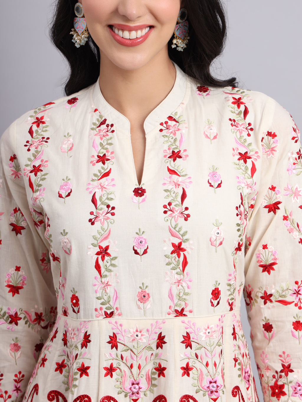 Crimson Kashmiri Embroidered Anarkali – Red & White Festive Wear