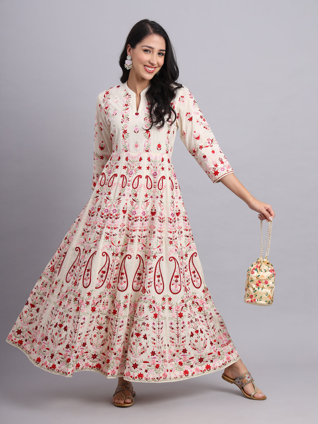 Crimson Kashmiri Embroidered Anarkali – Red & White Festive Wear