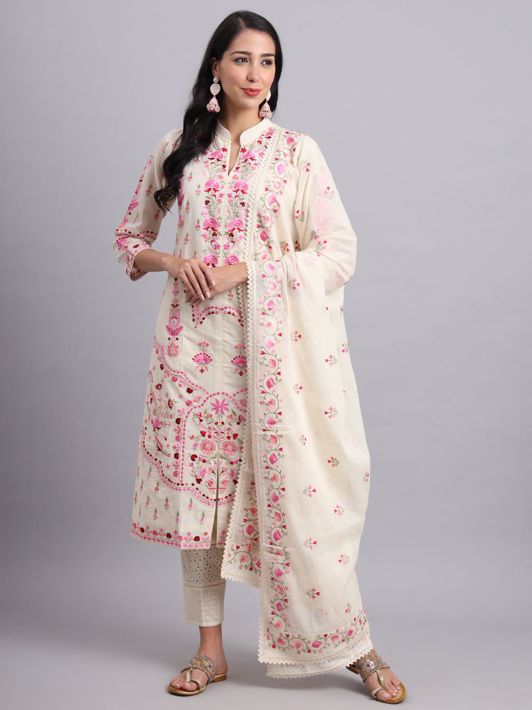 Floral Embroidered Kurta Set with Dupatta – Parsi Embroidery