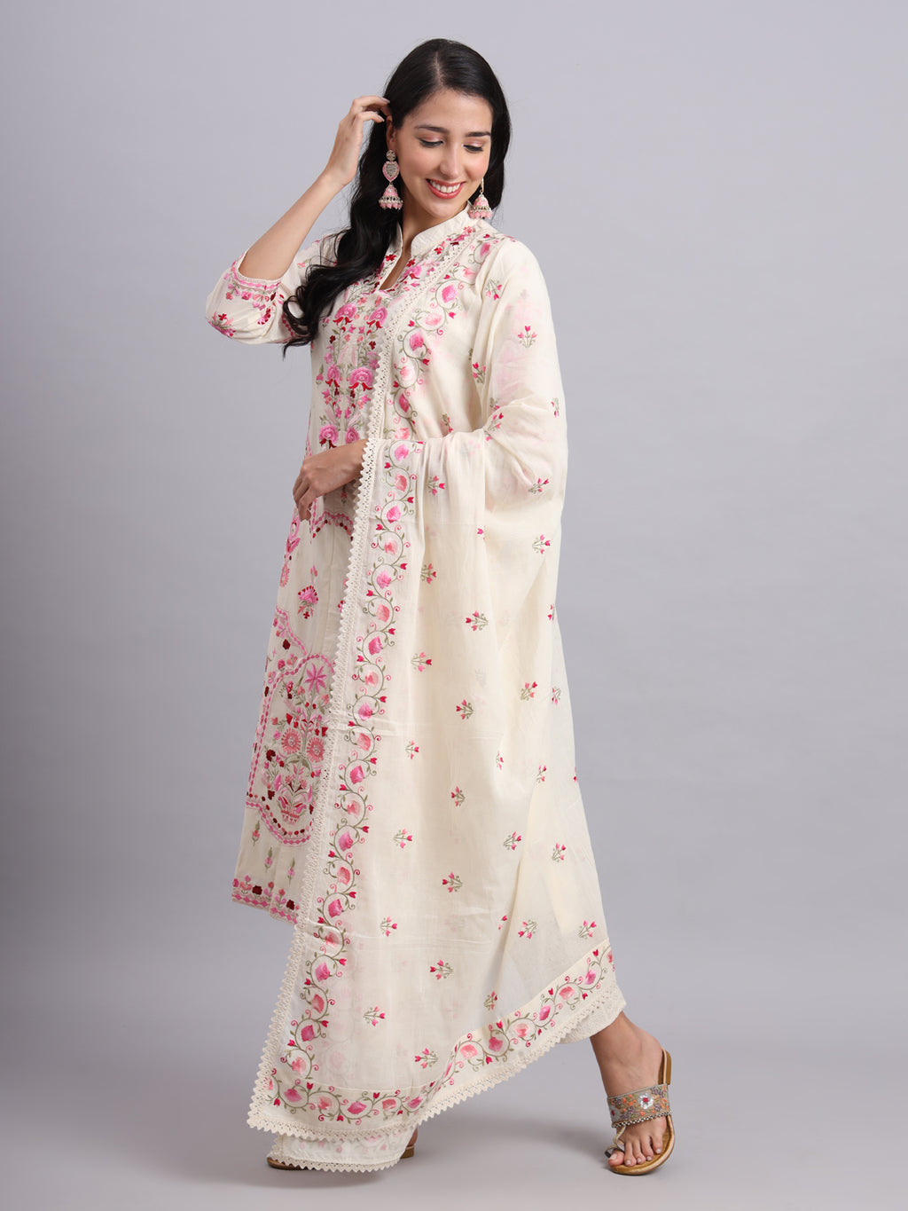 Floral Embroidered Kurta Set with Dupatta – Parsi Embroidery