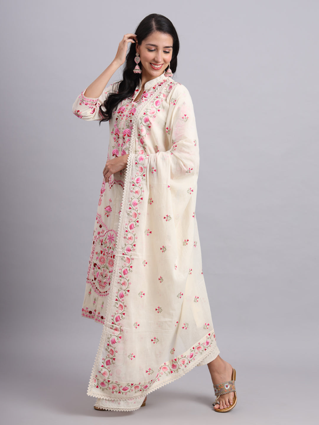 Floral Embroidered Kurta Set with Dupatta – Parsi Embroidery