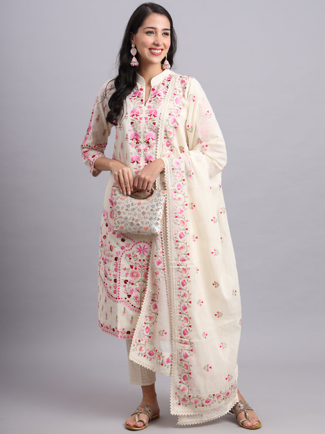 Floral Embroidered Kurta Set with Dupatta – Parsi Embroidery