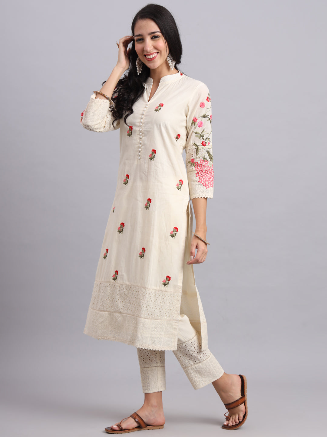 Cream Embroidered Kurta Set – Parsi Floral Charm