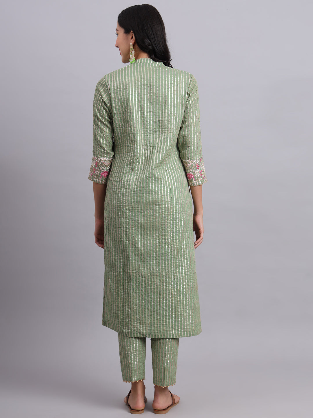 Shabreen Festive Green Straight Kurta Set – Traditional Gota & Floral Design