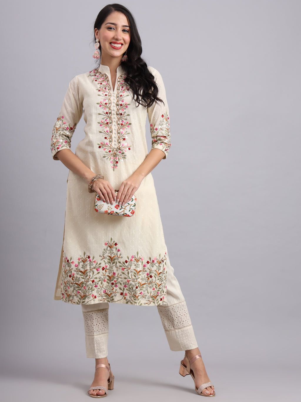 The Ivory Bloom Kurta Set – Graceful Embroidery for Women