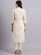 Cream Lotus Embroidered Kurta Set – Pink Floral Embroidery