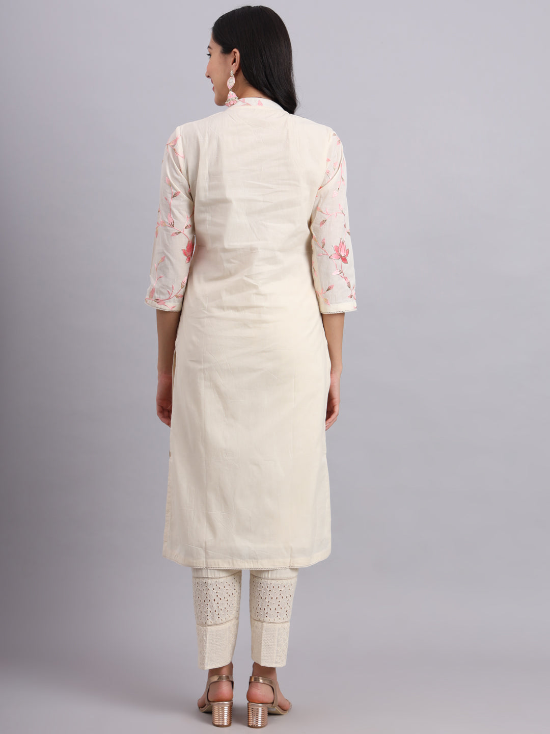 Cream Lotus Embroidered Kurta Set – Pink Floral Embroidery