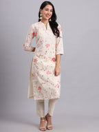 Cream Lotus Embroidered Kurta Set – Pink Floral Embroidery
