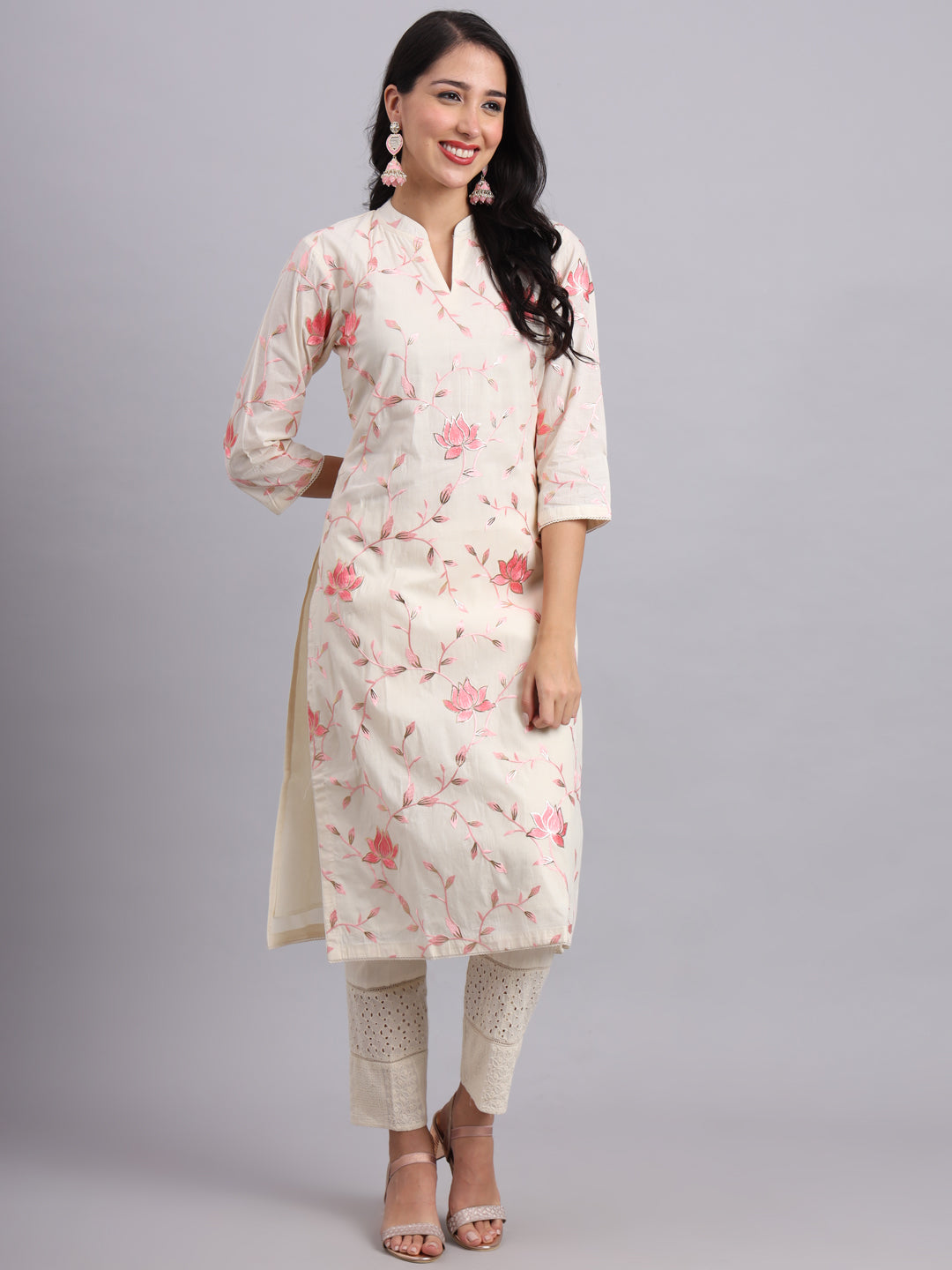 Cream Lotus Embroidered Kurta Set – Pink Floral Embroidery