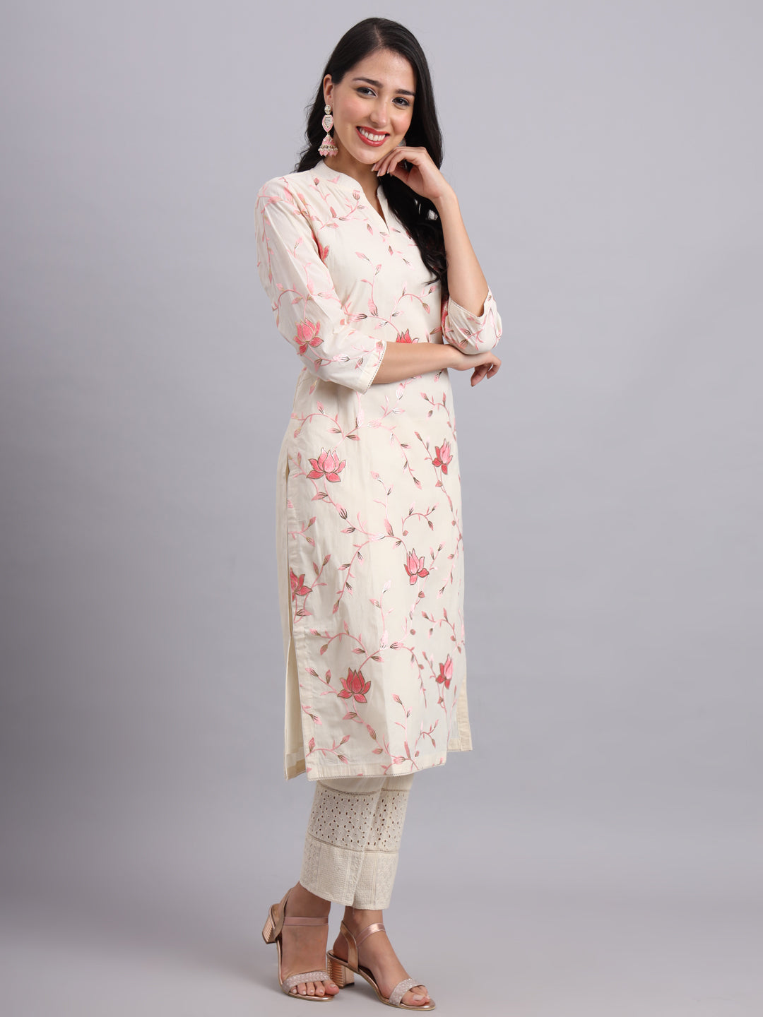 Cream Lotus Embroidered Kurta Set – Pink Floral Embroidery