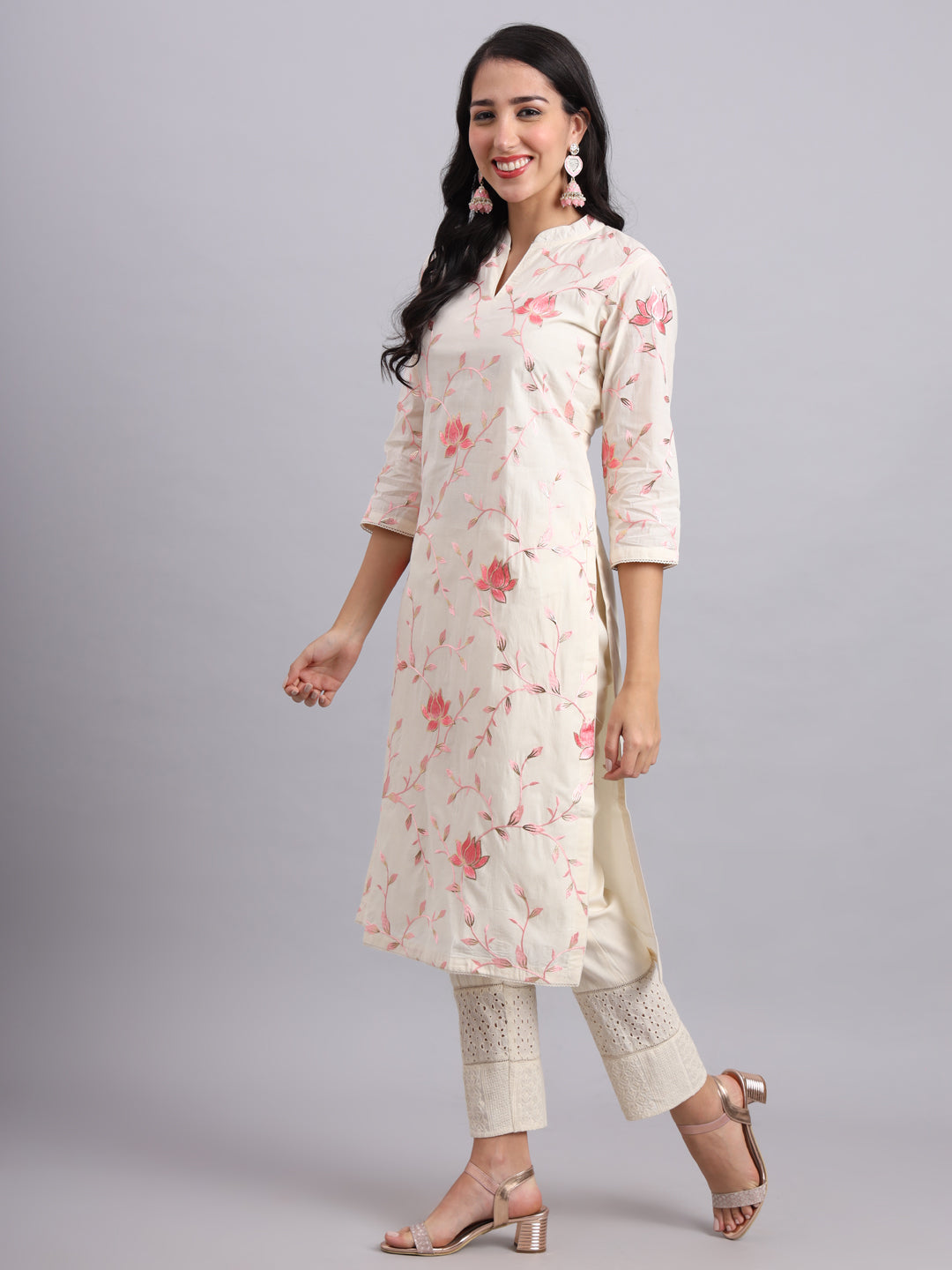 Cream Lotus Embroidered Kurta Set – Pink Floral Embroidery