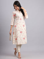 Cream Lotus Embroidered Kurta Set – Pink Floral Embroidery
