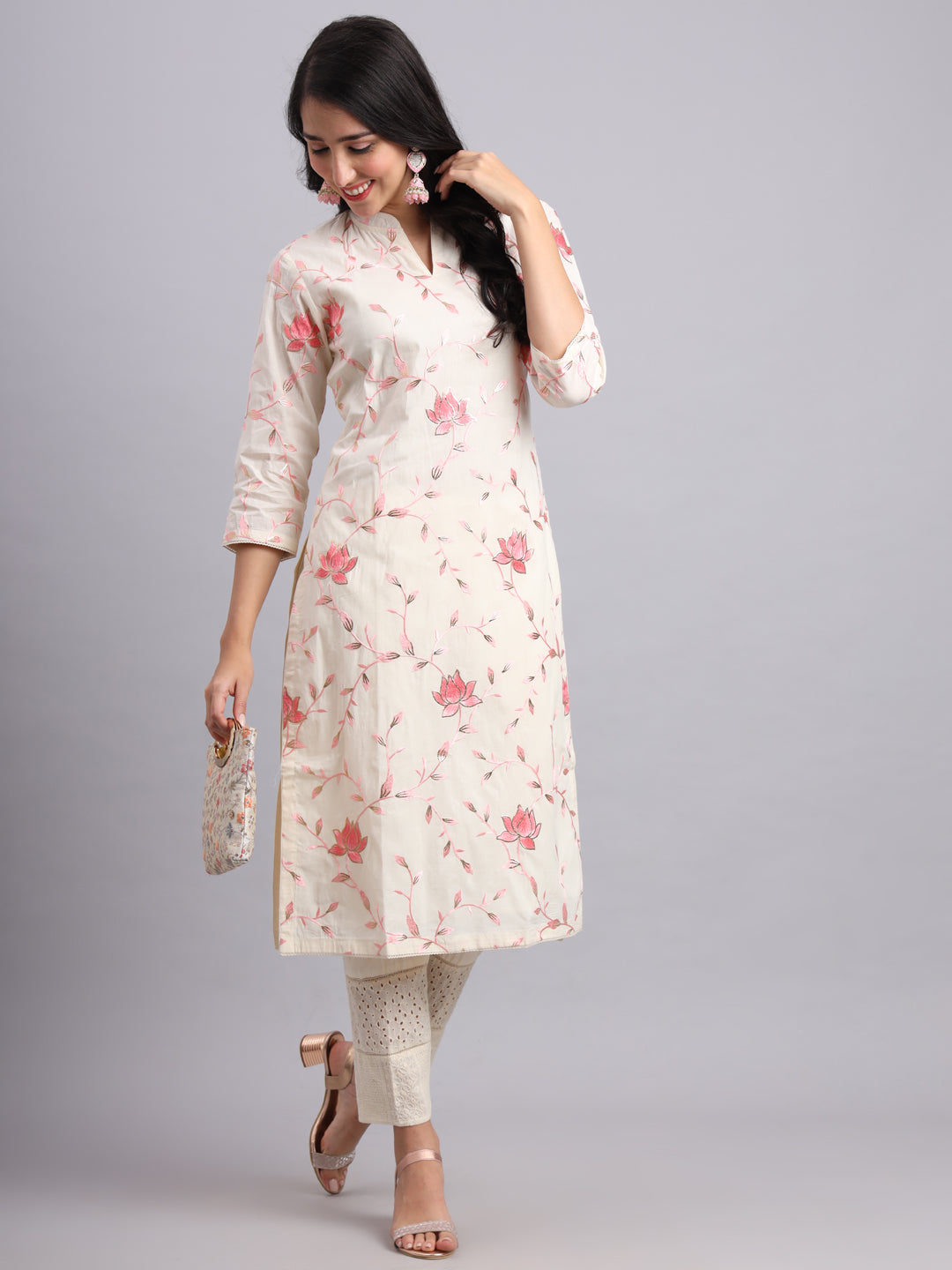 Cream Lotus Embroidered Kurta Set – Pink Floral Embroidery