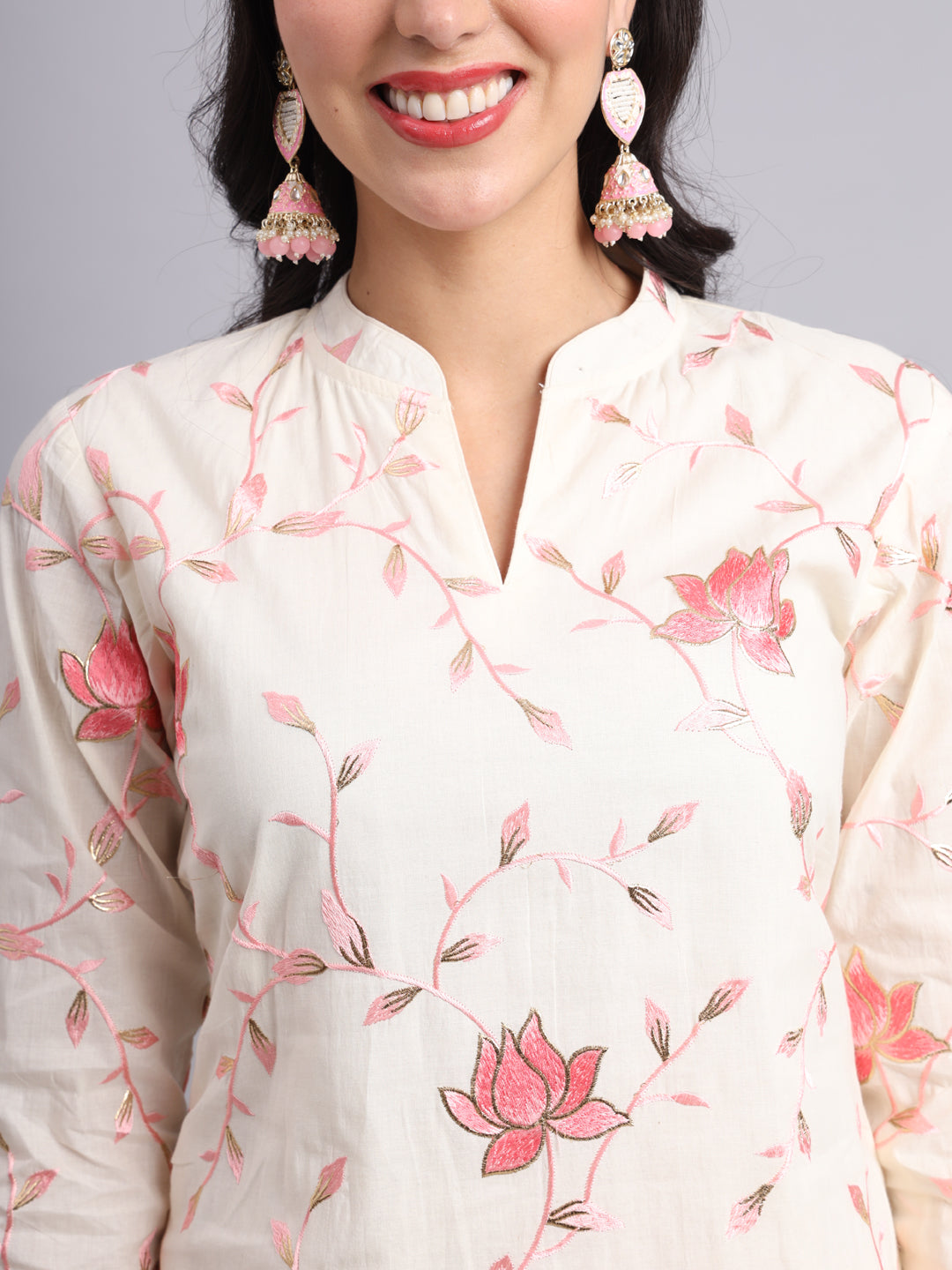 Cream Lotus Embroidered Kurta Set – Pink Floral Embroidery