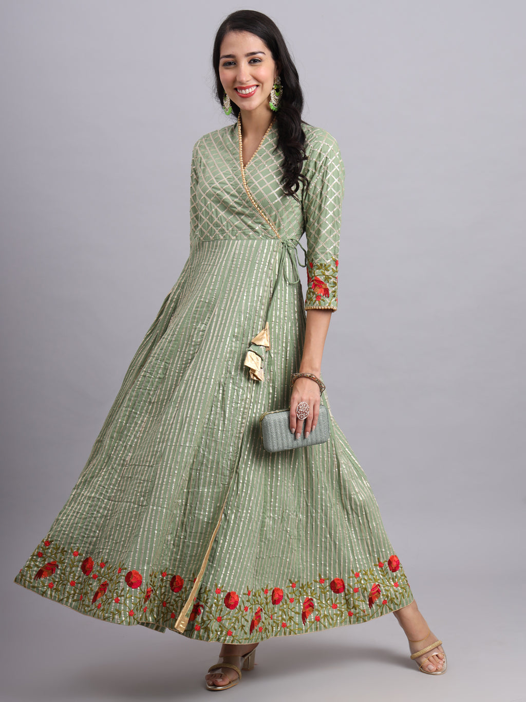 Floral Embroidered Green Angrakha Set – Elegant Ethnic Wear for Women