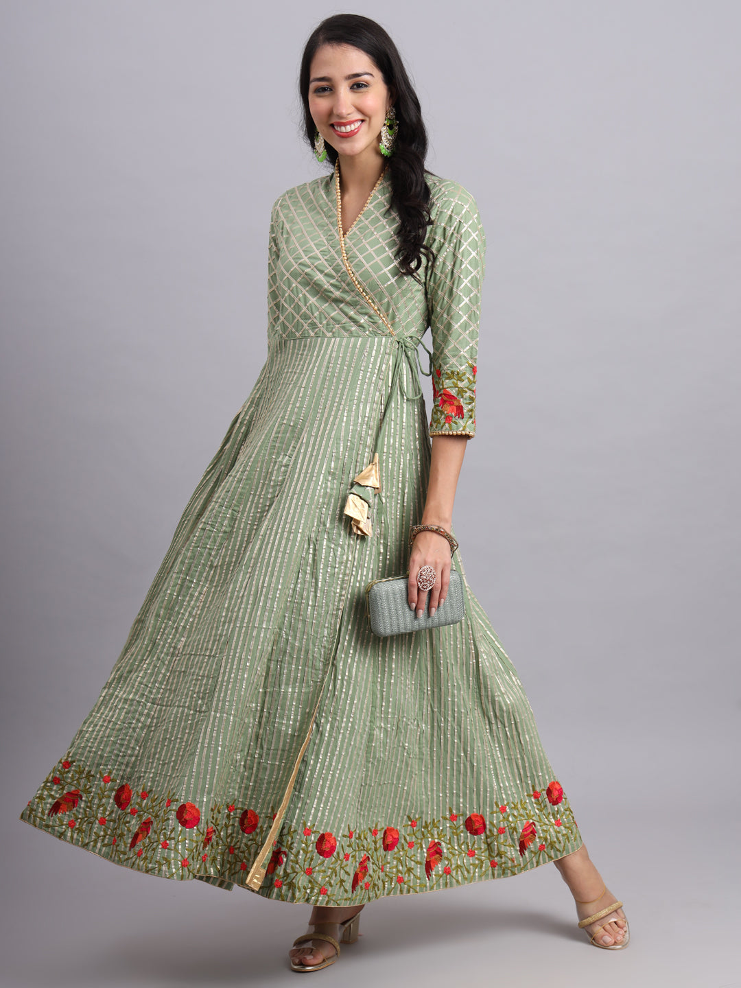 Floral Embroidered Green Angrakha Set – Elegant Ethnic Wear for Women