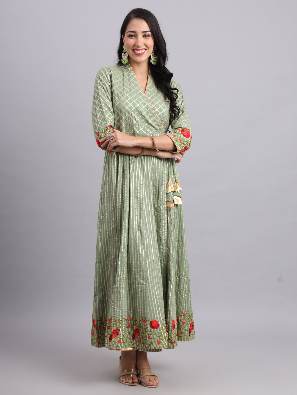 Floral Embroidered Green Angrakha Set – Elegant Ethnic Wear for Women