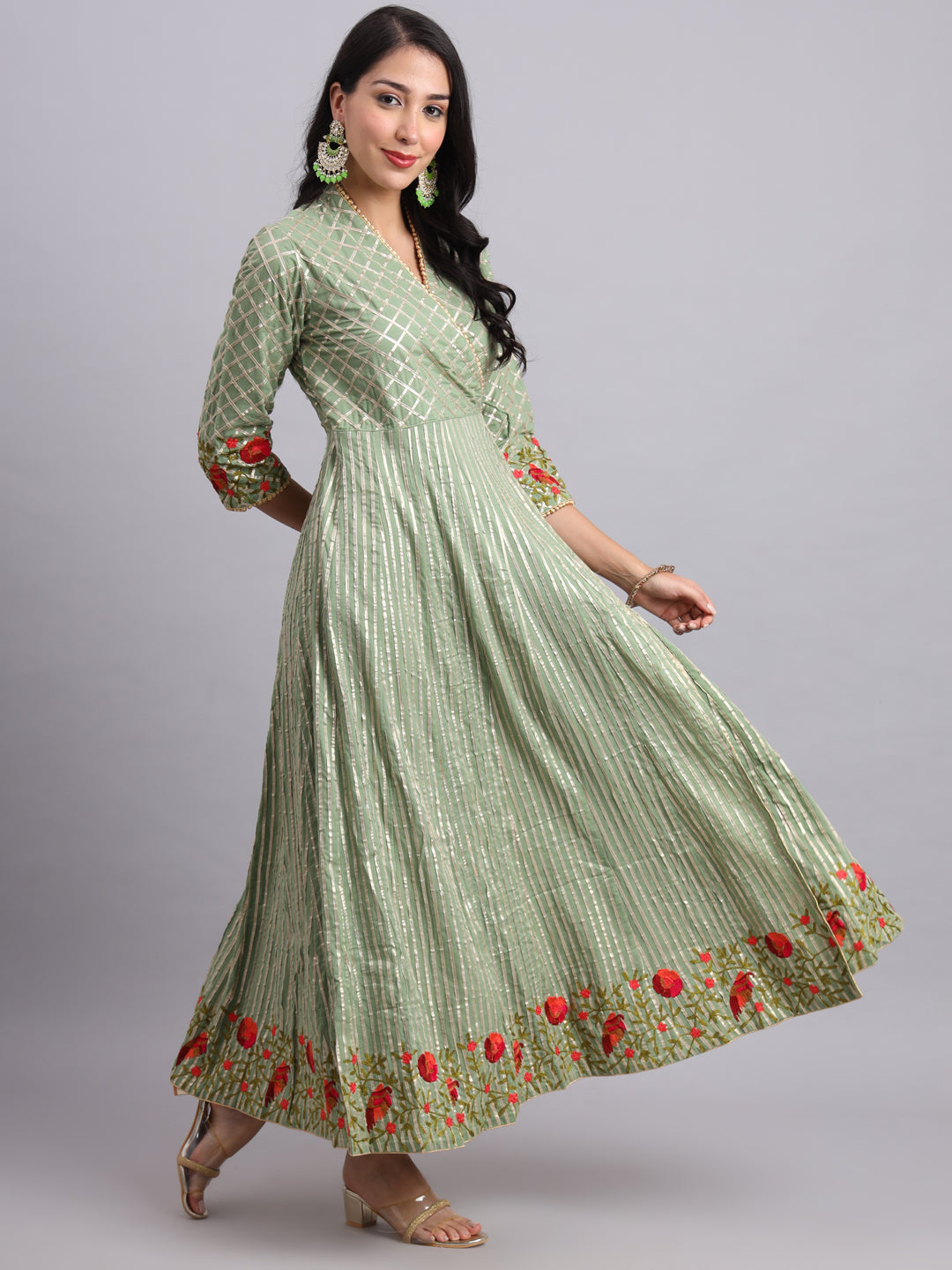 Floral Embroidered Green Angrakha Set – Elegant Ethnic Wear for Women