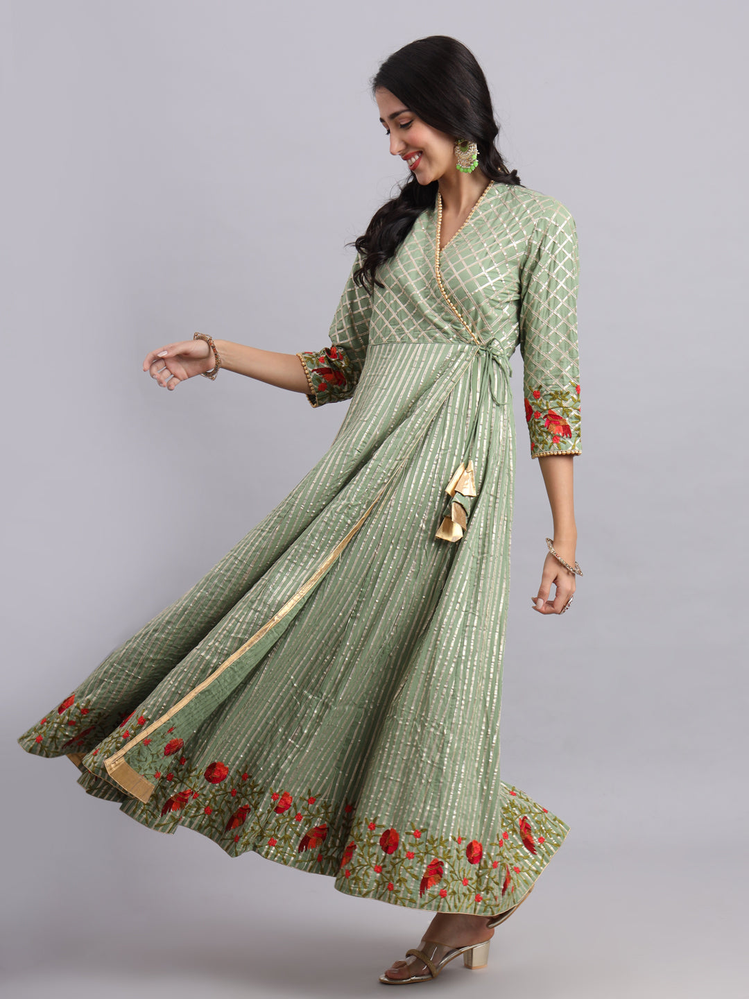 Floral Embroidered Green Angrakha Set – Elegant Ethnic Wear for Women