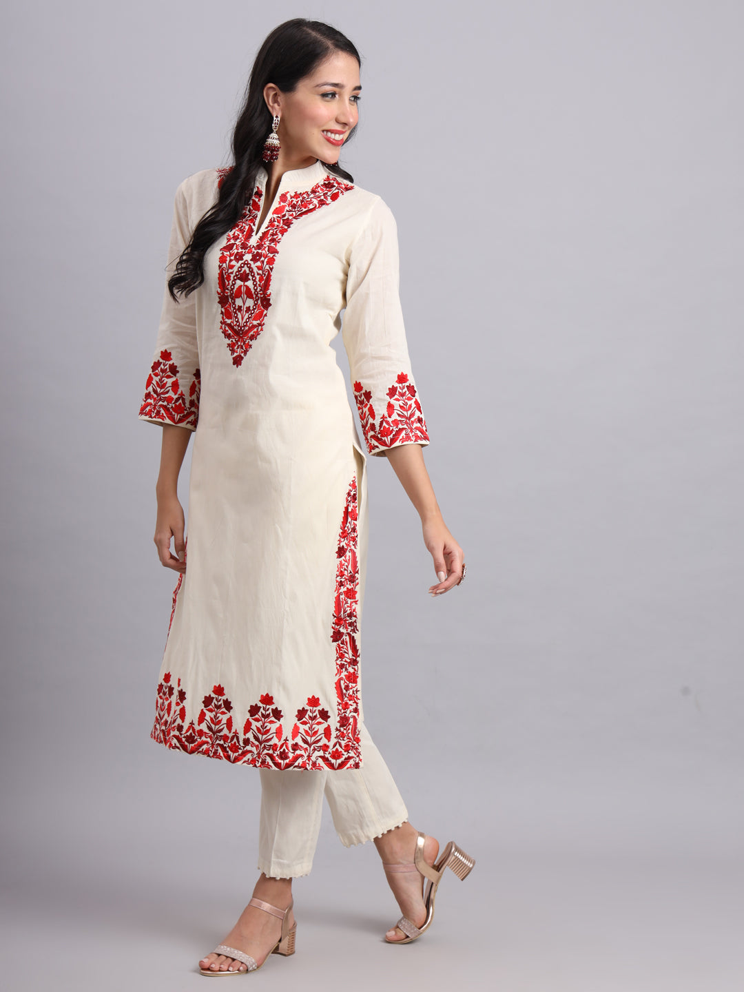 Cream Cotton Kurta with Red Embroidery – Festive Ethnic Wear for Women (Only Kurta)