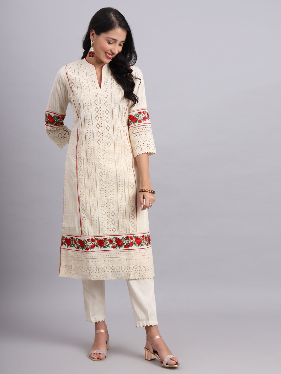 Graceful Ivory Rose Embroidery Handcrafted Kurta