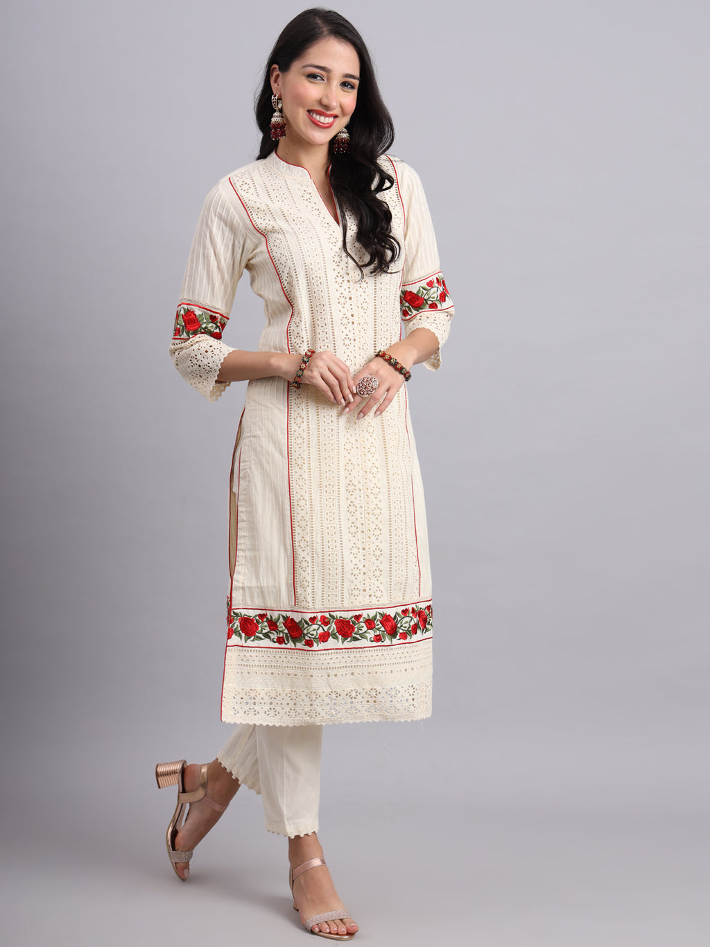 Graceful Ivory Rose Embroidery Handcrafted Kurta