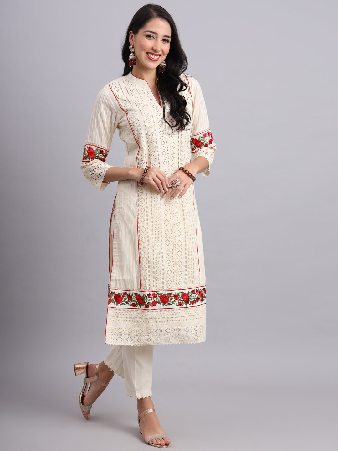 Graceful Ivory Rose Embroidery Handcrafted Kurta