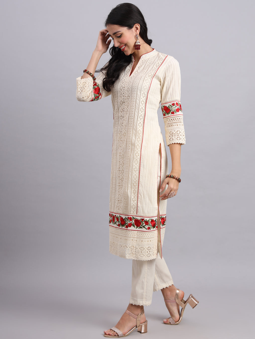 Graceful Ivory Rose Embroidery Handcrafted Kurta