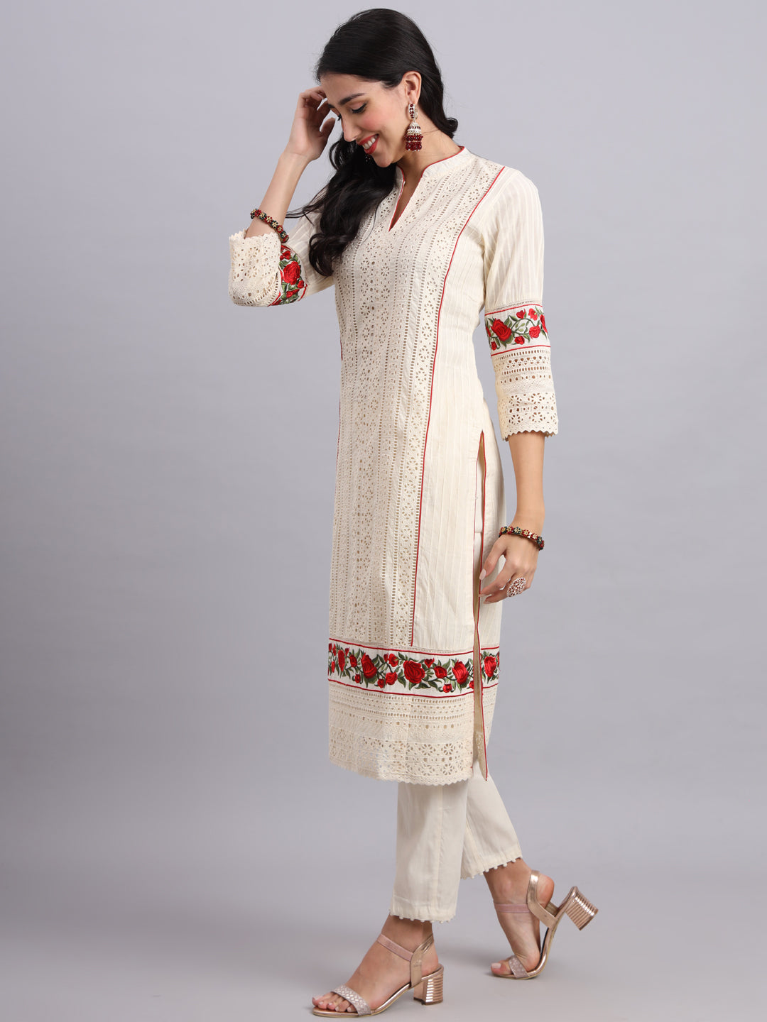 Graceful Ivory Rose Embroidery Handcrafted Kurta