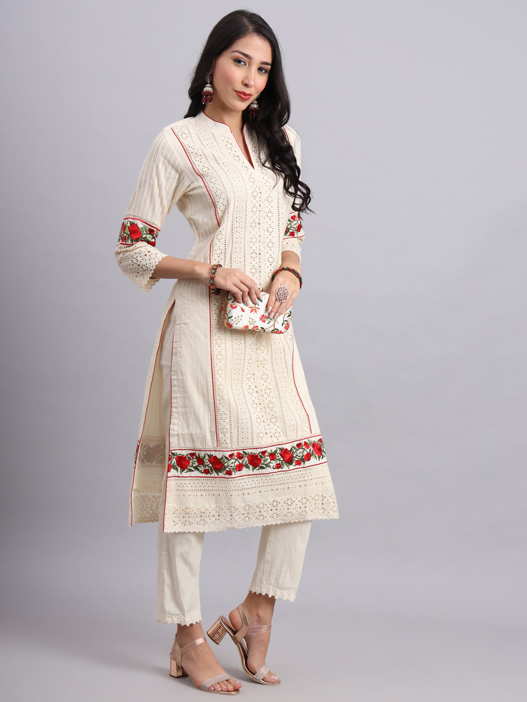 Graceful Ivory Rose Embroidery Handcrafted Kurta