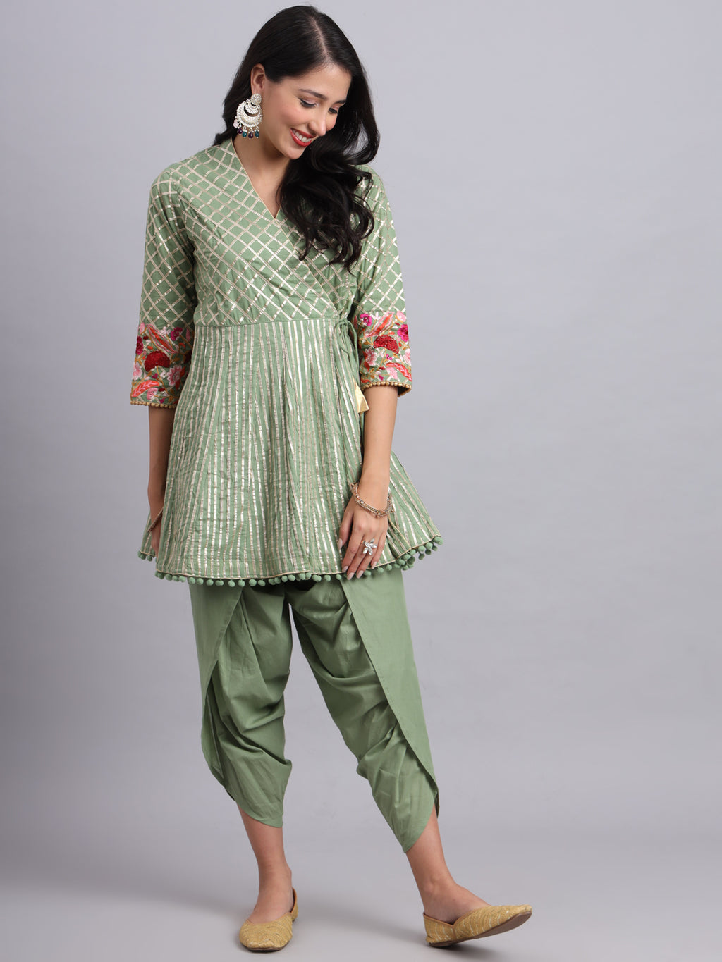 Gota Short Green Angrakha Kurta Set – Women’s Traditional Festive & Wedding Wear