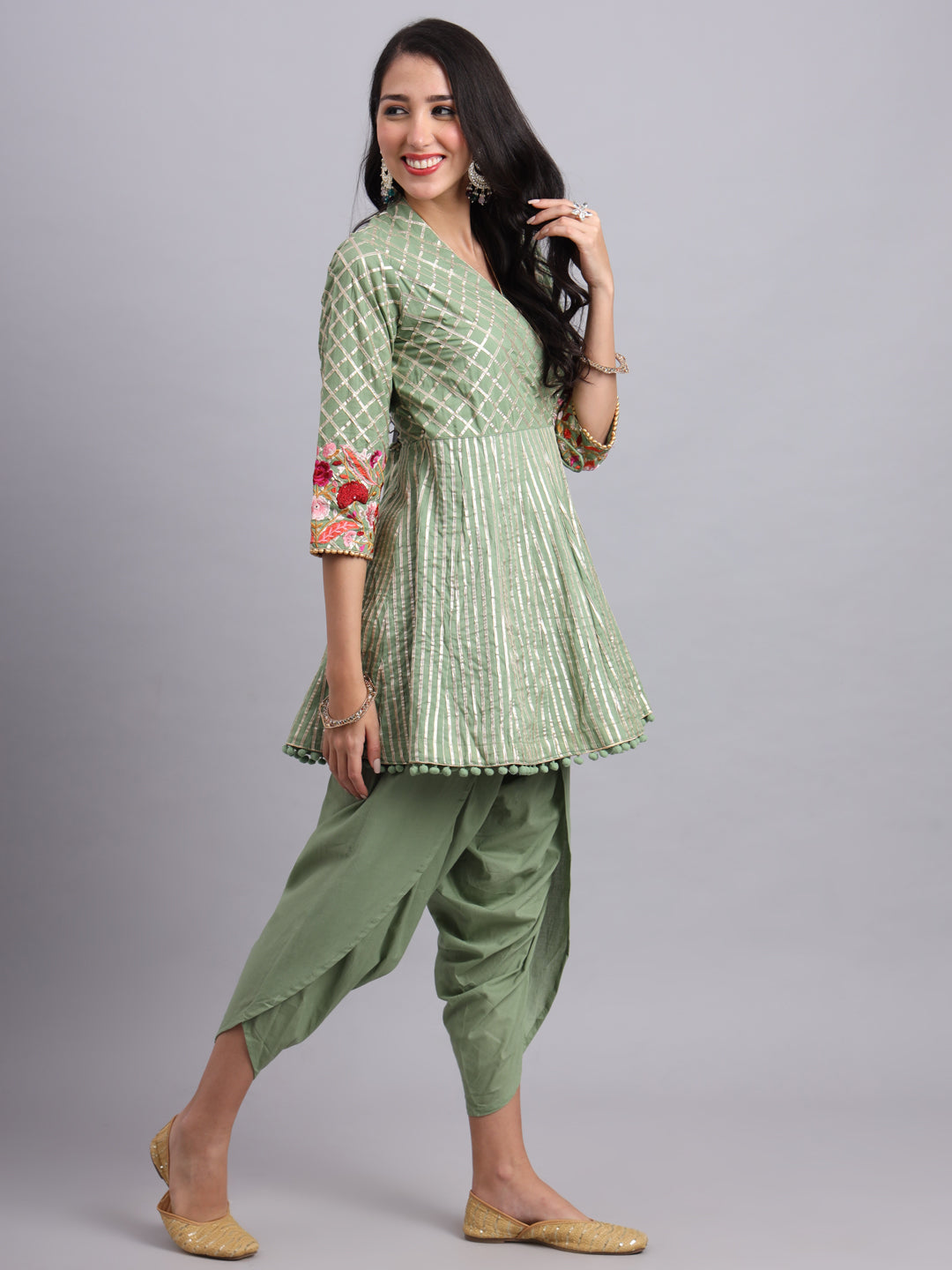 Gota Short Green Angrakha Kurta Set – Women’s Traditional Festive & Wedding Wear