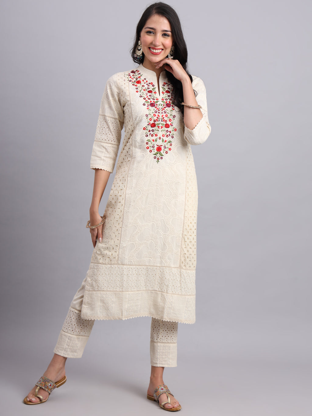 Ivory Kurta with Red Embroidery & Pants – Elegant Ethnic Wear