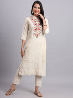 Ivory Kurta with Red Embroidery & Pants – Elegant Ethnic Wear