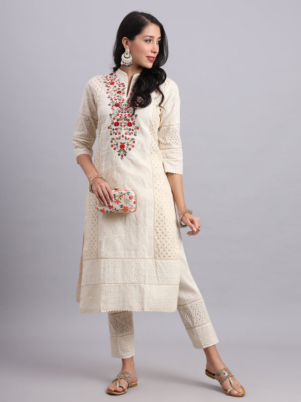 Ivory Kurta with Red Embroidery & Pants – Elegant Ethnic Wear