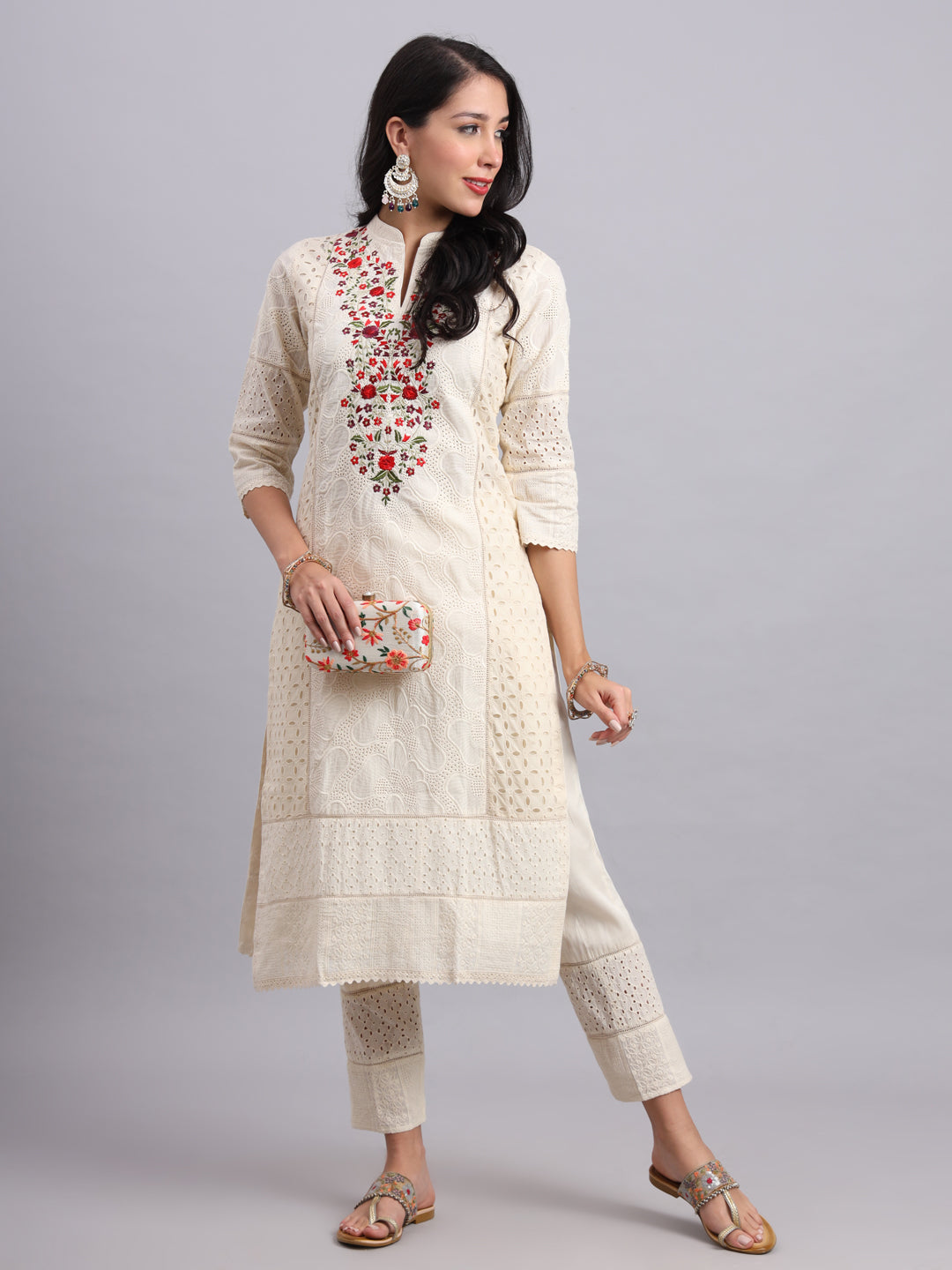 Ivory Kurta with Red Embroidery & Pants – Elegant Ethnic Wear