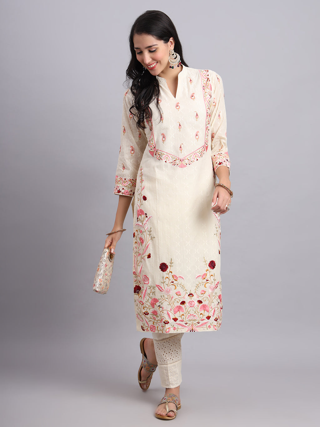 Ambi Red Blossom Floral Embroidered Kurta Set for Women