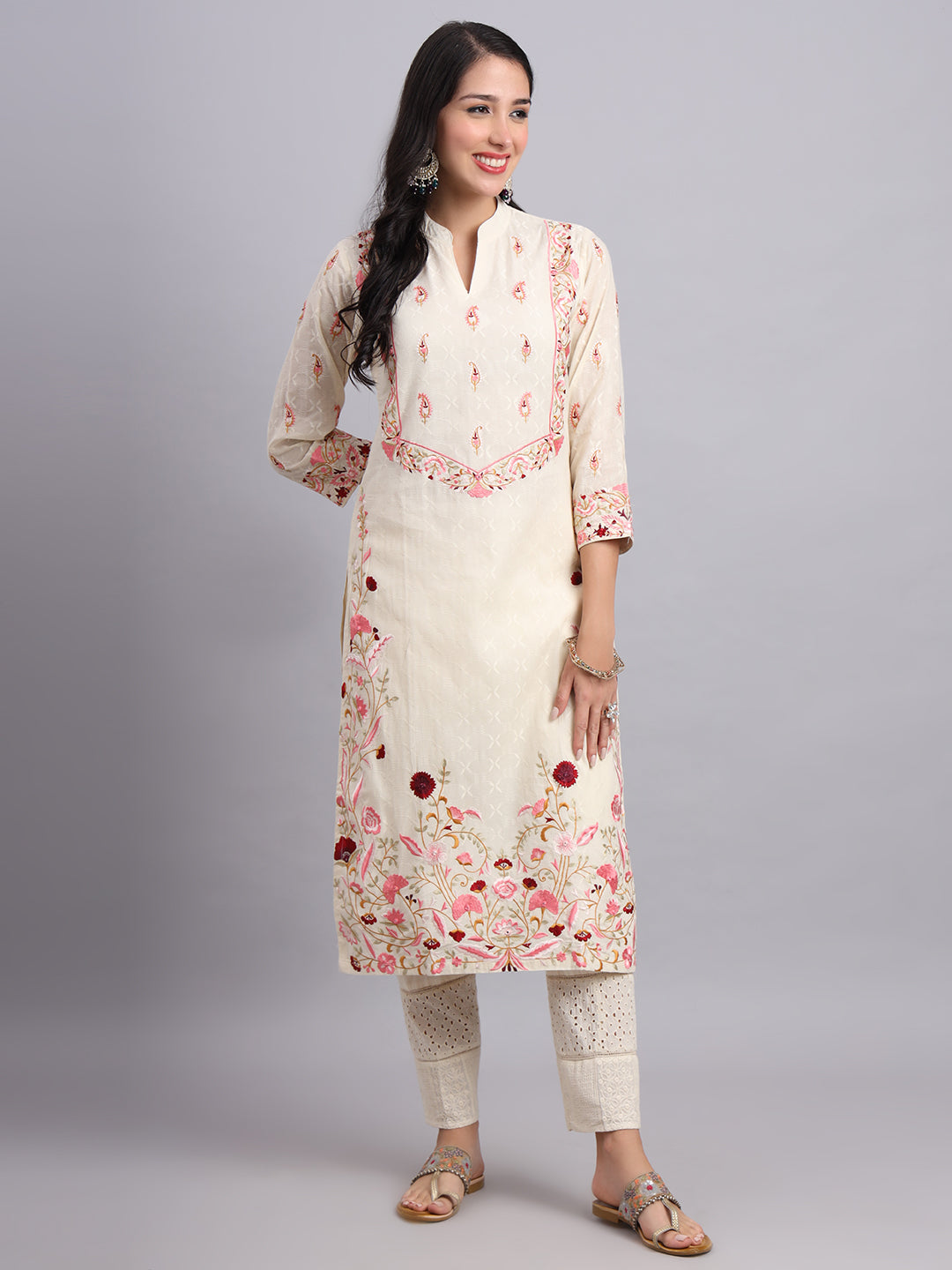 Ambi Red Blossom Floral Embroidered Kurta Set for Women