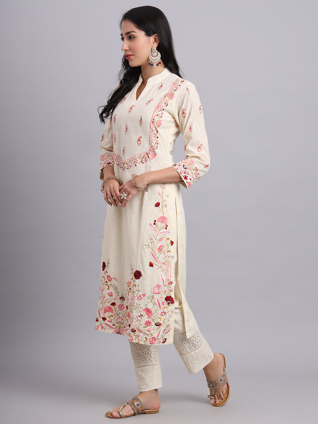 Ambi Red Blossom Floral Embroidered Kurta Set for Women