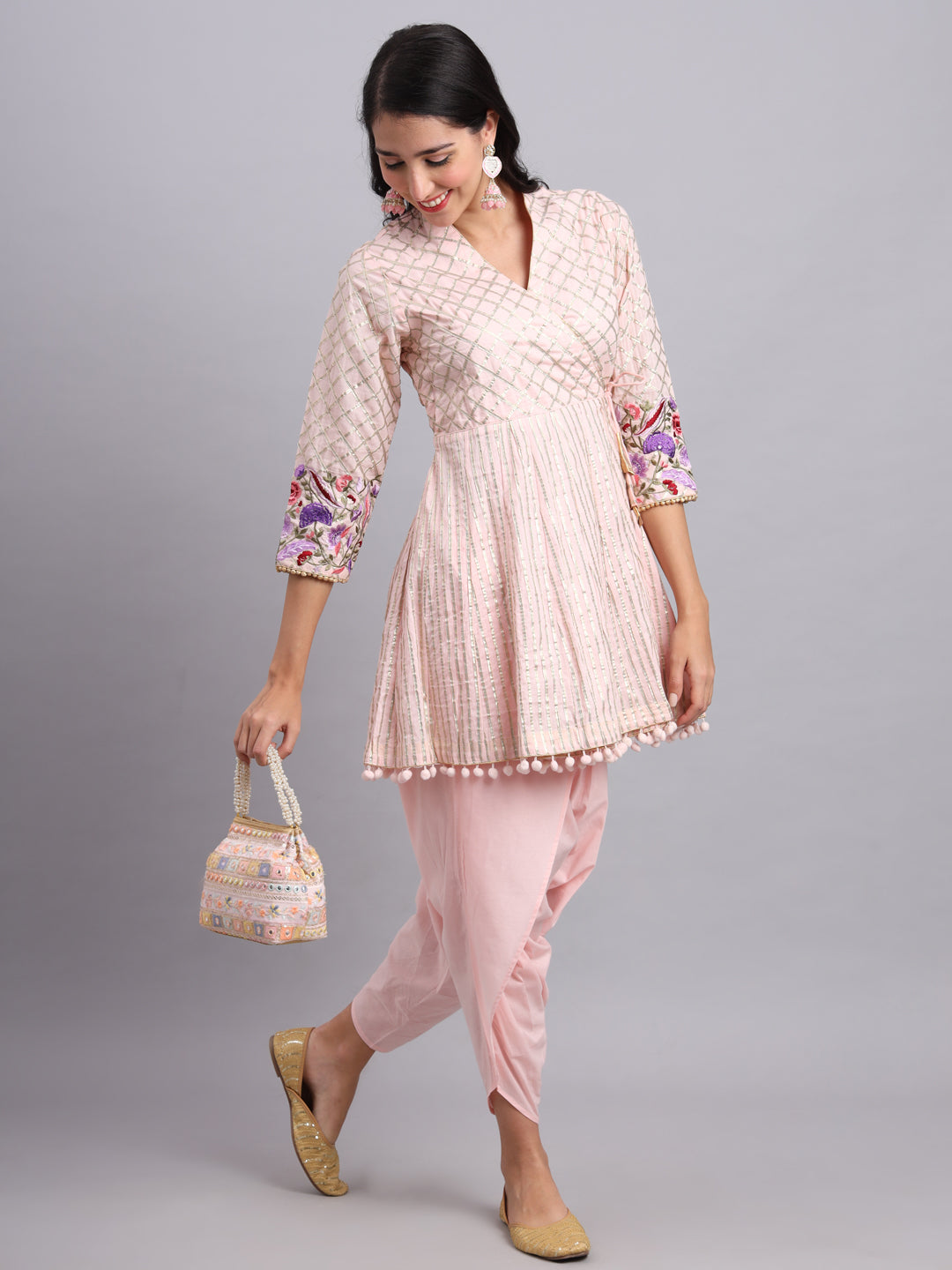 Baby Pink Gota Work Angrakha Kurta Set – Elegant Women’s Party & Wedding Wear