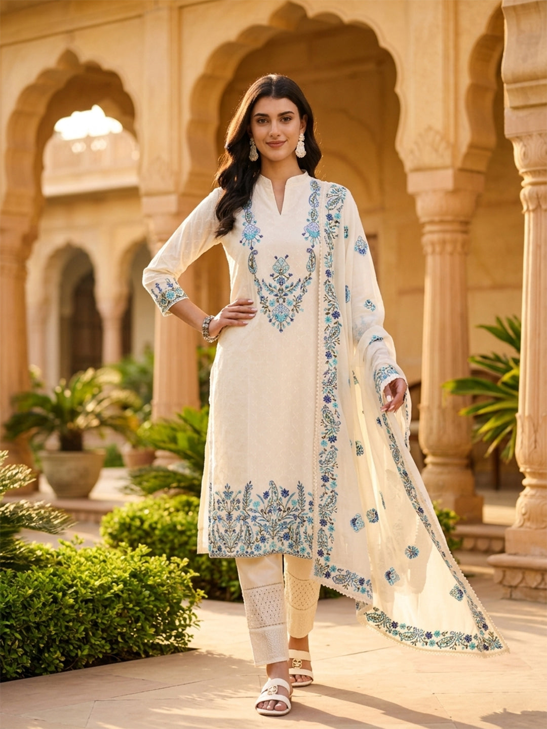 Kashmiri Parsi Embroidered Cotton Kurta Set with Dupatta