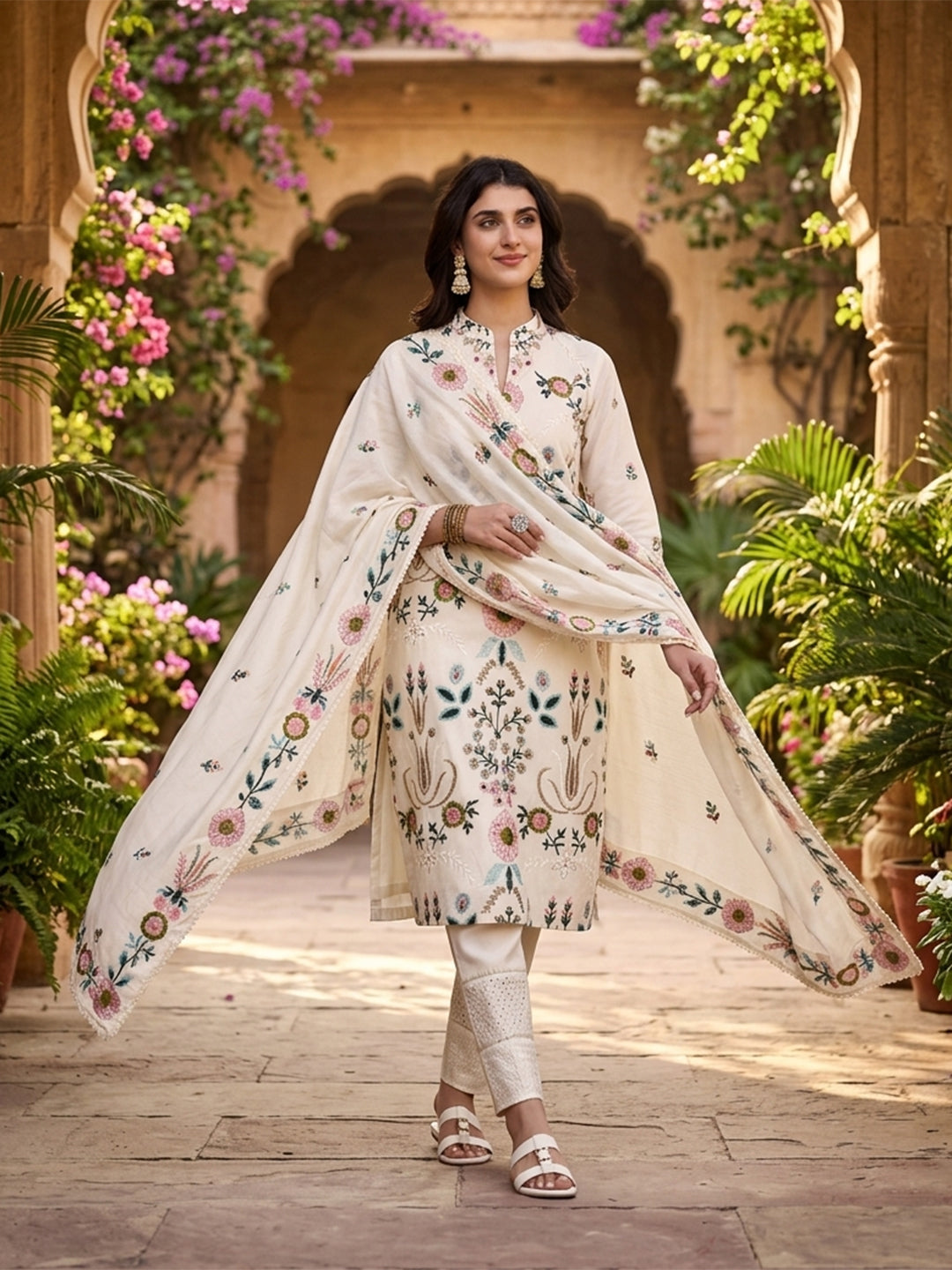 Zoya Parsi Embroidered Cotton Kurta Set with Dupatta