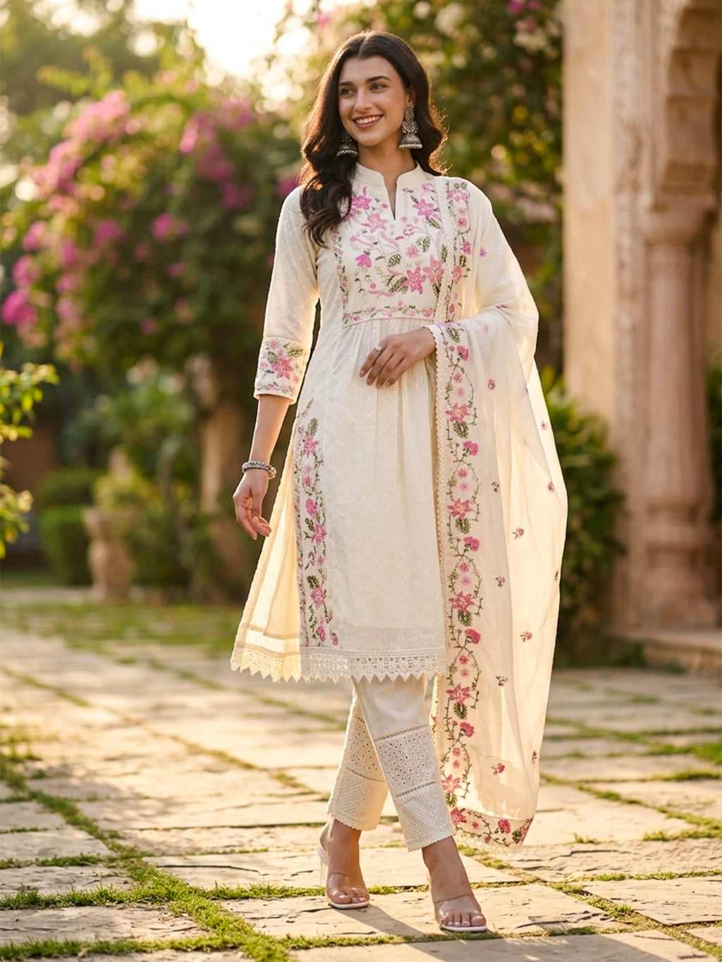 Kali Kurta 3-Piece Set with Parsi Embroidery