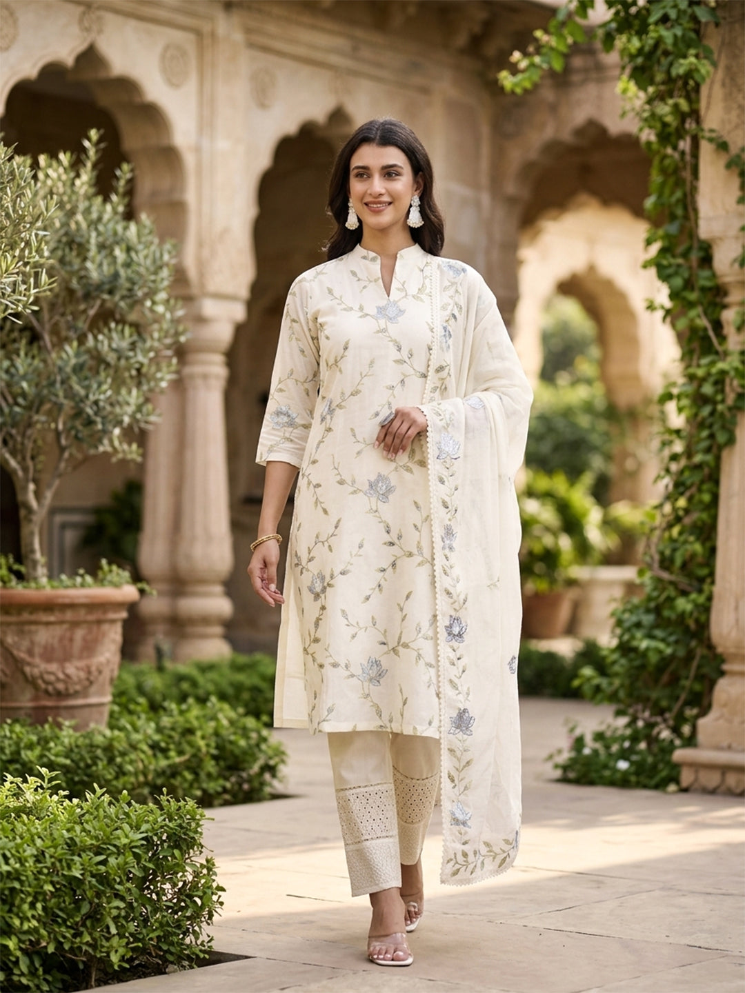 Lotus Parsi Embroidered Cotton Kurta Set with Dupatta