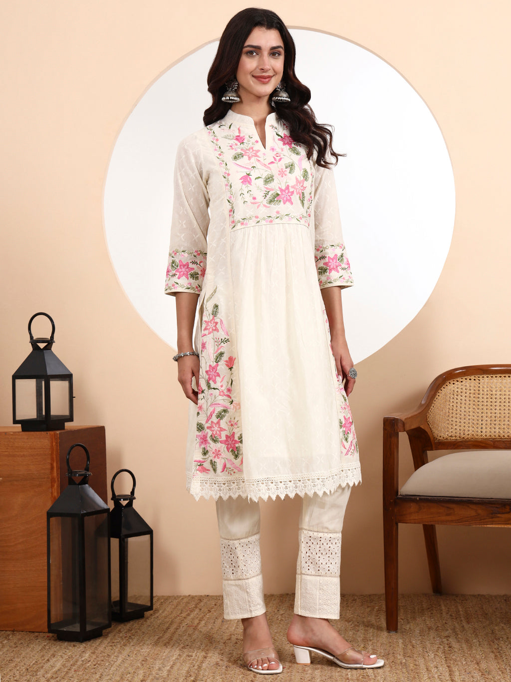 Kali Kurta 3-Piece Set with Parsi Embroidery